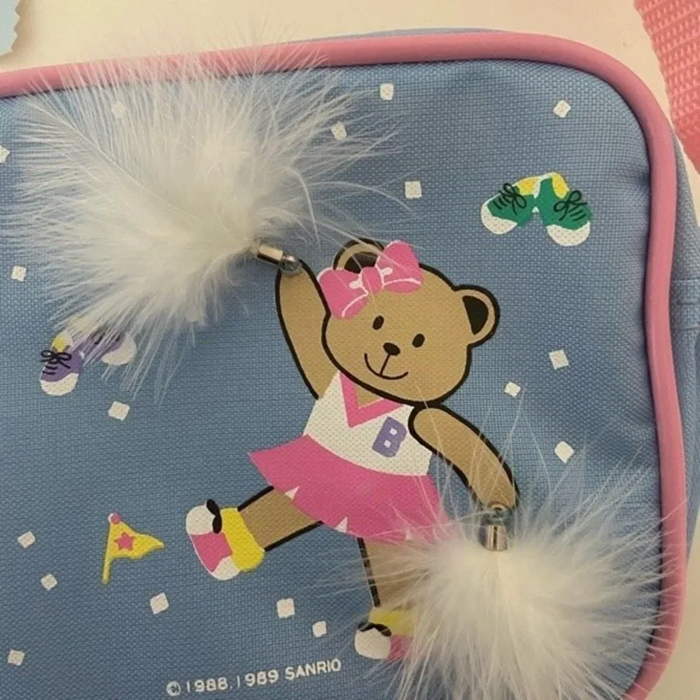Vintage 1989 Sanrio Cheerleader Teddy Bear Mini Purse Feather Pom Pom Blue NWT